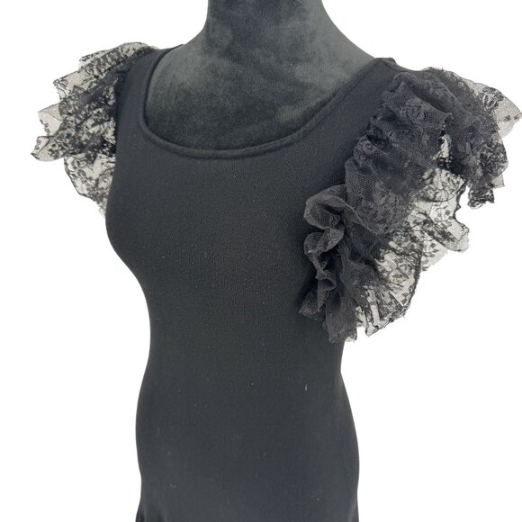 Candies Black Ribbed Fitted Dress Tulle Puff Sleeves Ruffle Hem S Whimsigoth Vtg - Picture 1 of 6